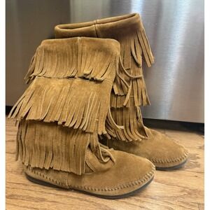 Minnetonka Moccasin 1632 Brown Suede 3 Layer Fringe Calf High Boots Womens Sz 8